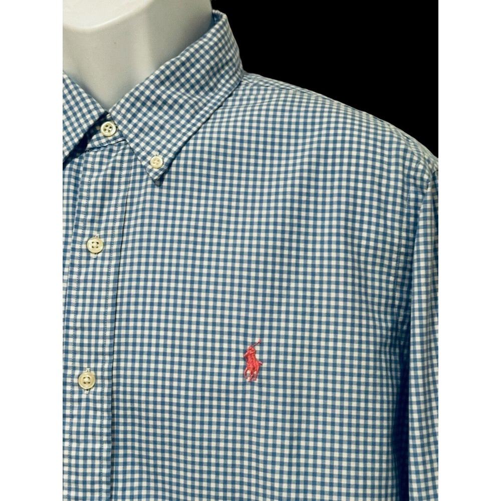 Ralph Lauren Mens Shirt Baby Blue Gingham Pink Pony Cotton Stretch Lightweight L